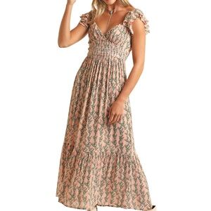 Rock & Roll Cowgirl Pink and Green Floral Maxi Dress